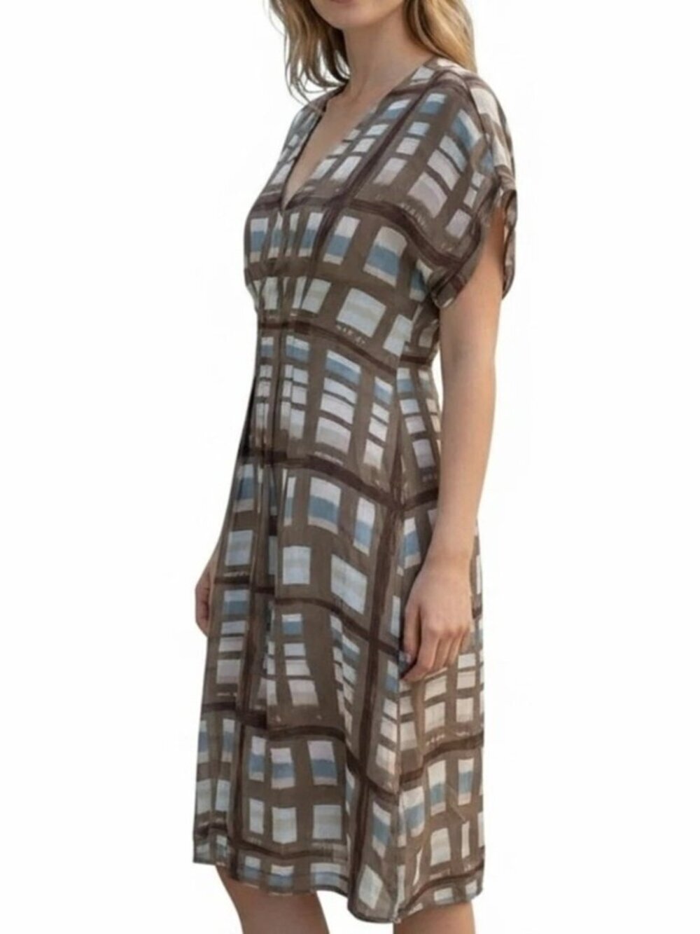 Banana Republic Silk Taupe and Blue Window Pane Lined Sheath Dress Size 6